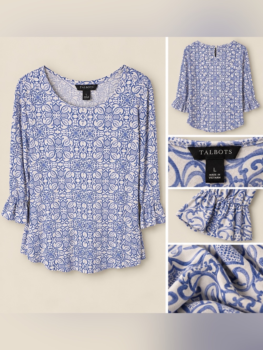 Talbots Blue & White Printed Ruffle-Sleeve Scoop Neck Top